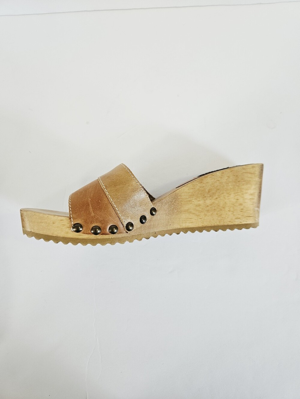 Vintage l.e.i. Wooden Diedra Platform Patchwork Leather Slip On Mule Sandals 8.5 - Picture 12 of 16